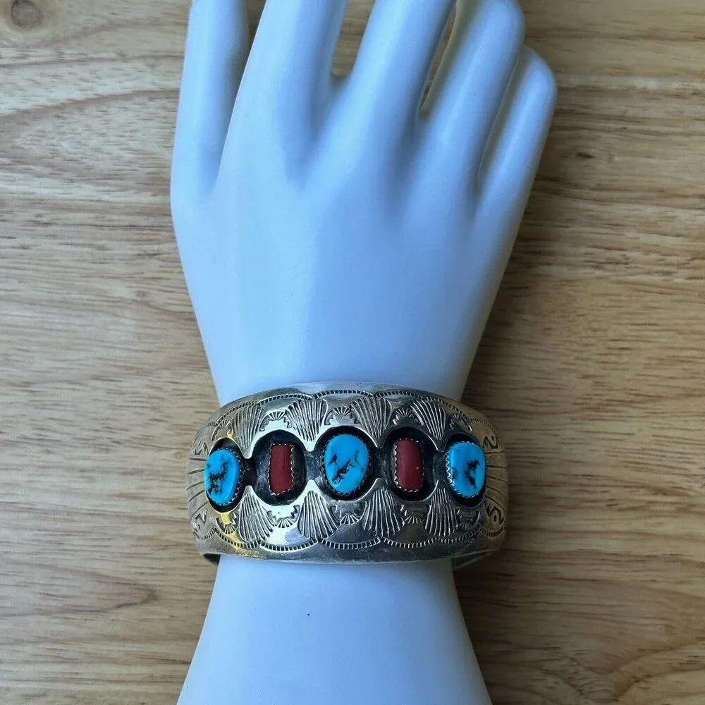 VTG Navajo Pauline‎ Benally Size 6.25 Bracelet Turquoise Coral Sterling 52.2g